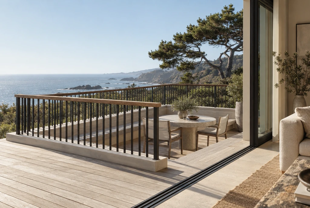 Coastal terrace with natural wood handrails and slim black aluminum balusters