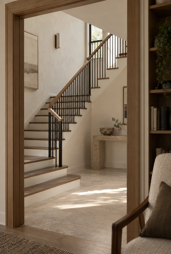 Sculptural interior staircase with timber handrails and slim black balusters