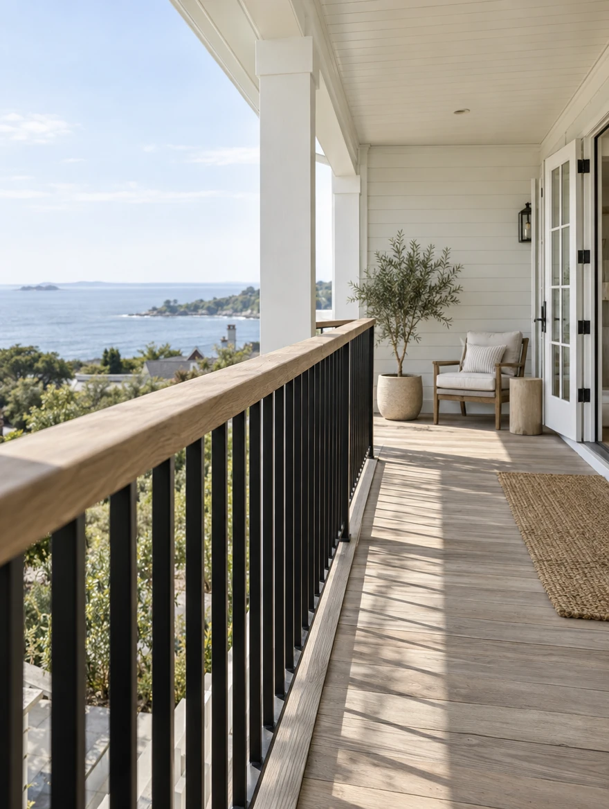 Coastal porch with black aluminum balusters and natural wood handrails
