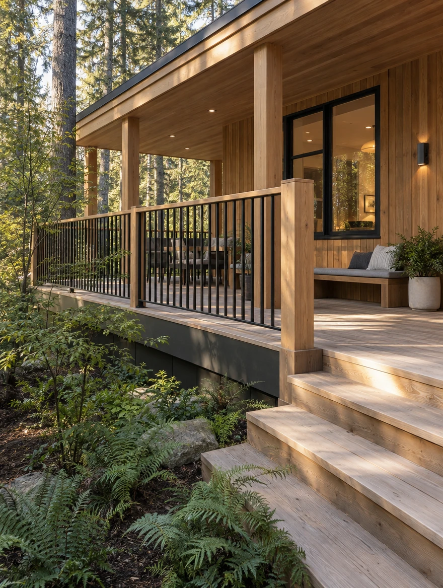 Woodland cabin terrace with black balusters and warm timber decking